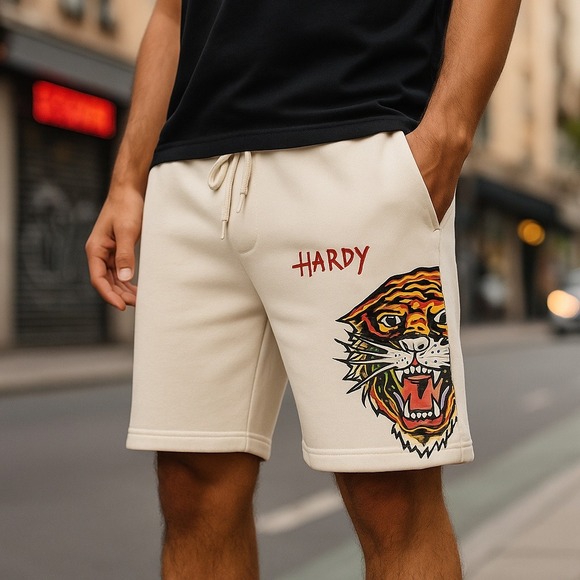 Ed Hardy Other - Ed Hardy Fleece Sweats Shorts Graphic Tiger Drawstring Cream Mens Size‎ L NWT